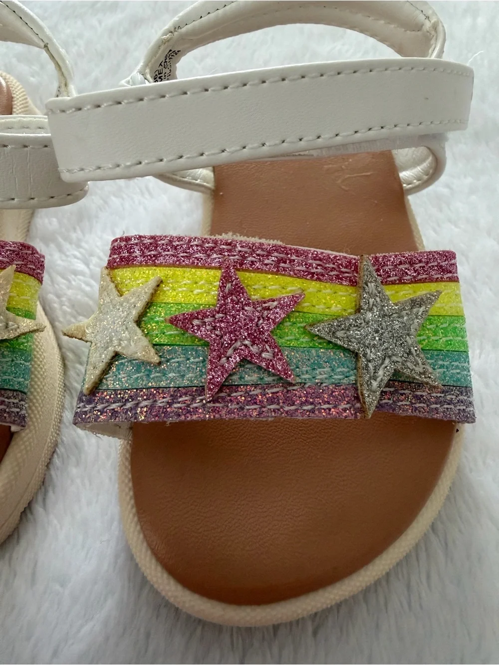 Wonder Nation White Sandals with Rainbow Glitter Straps and Star Accents